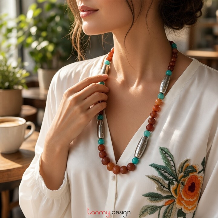 Amazonite and carnelian necklace with orange agate and silver-tone metal